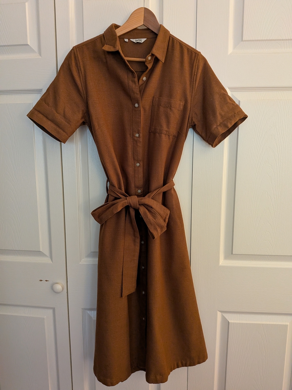 Tie-Waist Brown Midi Shirt Dress